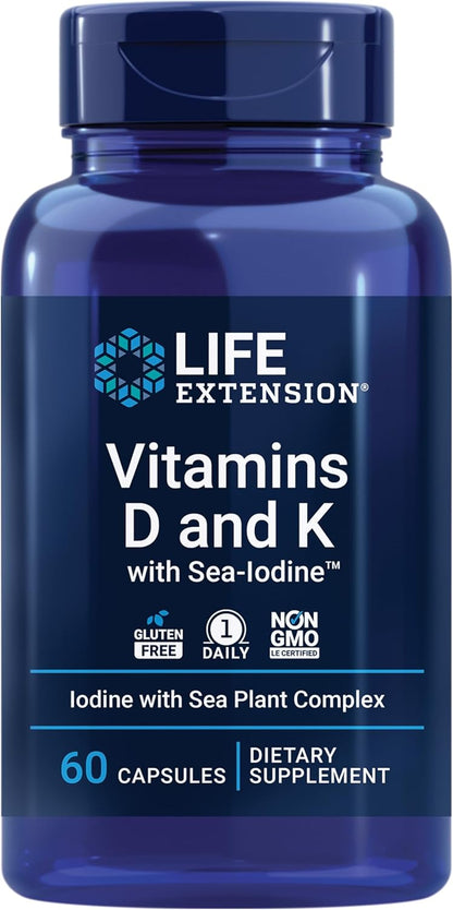 Life Extension Vitamins D and K with Sea-Iodine, Vitamin D3, Vitamin K1 and K2, Iodine, Supports Immune, Bone, arterial and Thyroid Health, Non-GMO, Gluten-Free, 60 Capsules