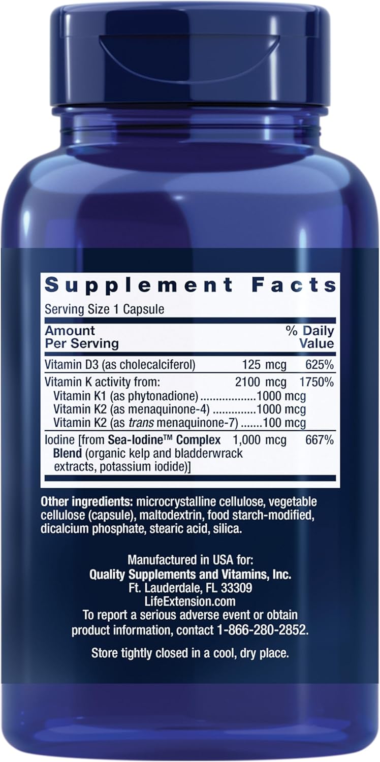 Life Extension Vitamins D and K with Sea-Iodine, Vitamin D3, Vitamin K1 and K2, Iodine, Supports Immune, Bone, arterial and Thyroid Health, Non-GMO, Gluten-Free, 60 Capsules