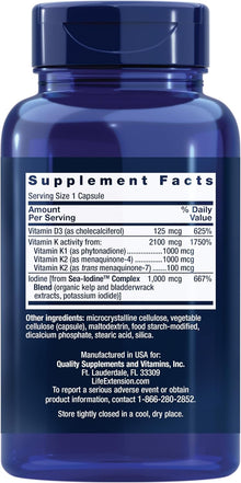 Life Extension Vitamins D and K with Sea-Iodine, Vitamin D3, Vitamin K1 and K2, Iodine, Supports Immune, Bone, arterial and Thyroid Health, Non-GMO, Gluten-Free, 60 Capsules
