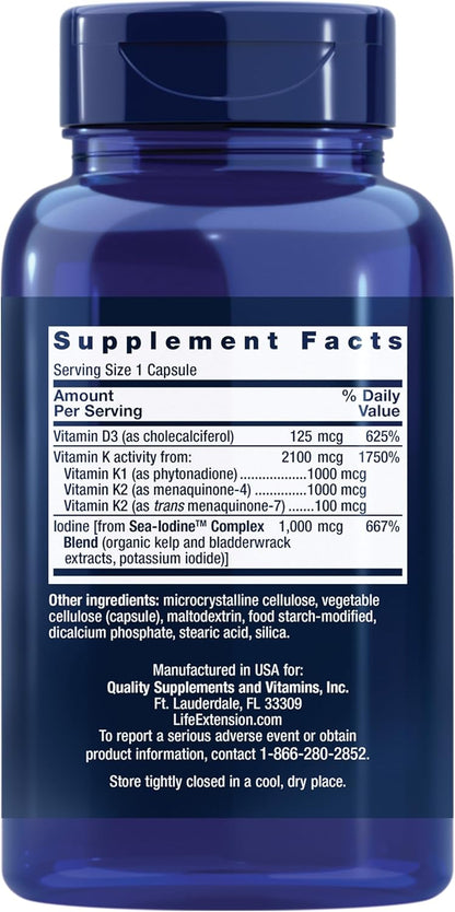 Life Extension Vitamins D and K with Sea-Iodine, Vitamin D3, Vitamin K1 and K2, Iodine, Supports Immune, Bone, arterial and Thyroid Health, Non-GMO, Gluten-Free, 60 Capsules