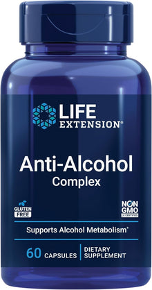 Blue supplement bottle labeled 'Life Extension Anti-Alcohol Complex' on a white background