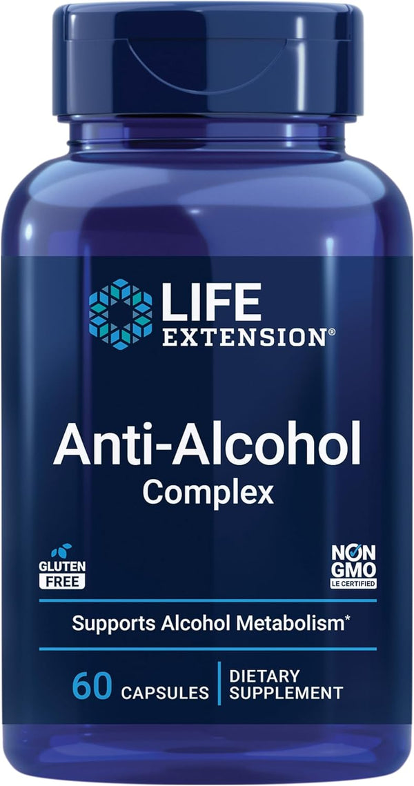 Blue supplement bottle labeled 'Life Extension Anti-Alcohol Complex' on a white background