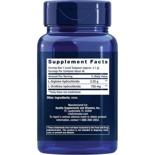 Life Extension Arginine Ornithine Powder, Promotes Muscle Health & Recovery, Gluten Free, Non-GMO, net Weight 150 Grams