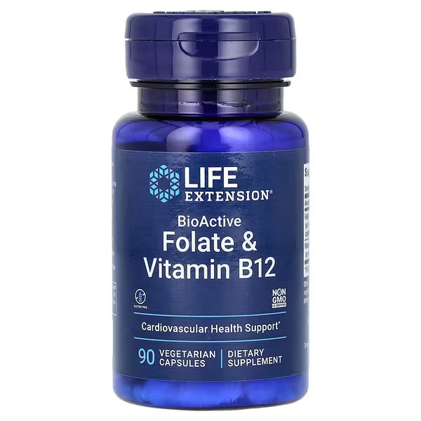 Blue supplement bottle labeled 'Life Extension BioActive Folate & Vitamin B12' on a white background