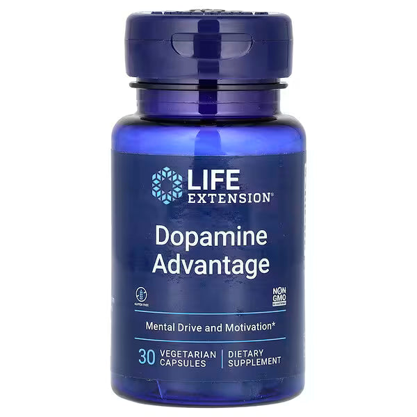 Blue supplement bottle labeled 'Dopamine Advantage' by Life Extension on a white background