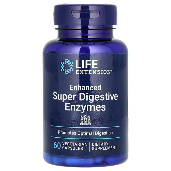 Blue supplement bottle labeled 'Life Extension Enhanced Super Digestive Enzymes' on a white background