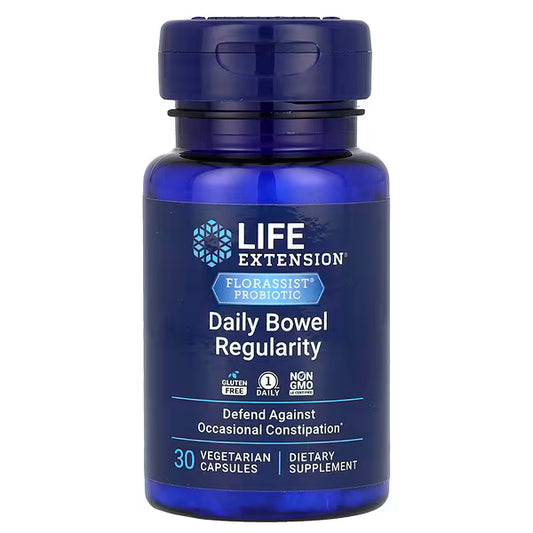 Blue supplement bottle labeled 'Daily Bowel Regularity' by Life Extension on a white background
