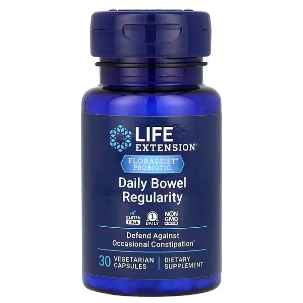 Blue supplement bottle labeled 'Daily Bowel Regularity' by Life Extension on a white background