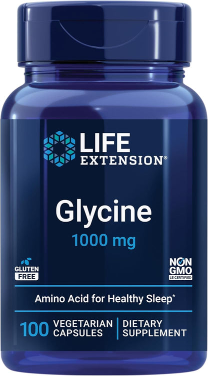 Life Extension Glycine, 1000 mg, Amino Acid That Promotes Healthy Sleep, Gluten-Free, Non-GMO, Vegetarian, 100 Capsules
