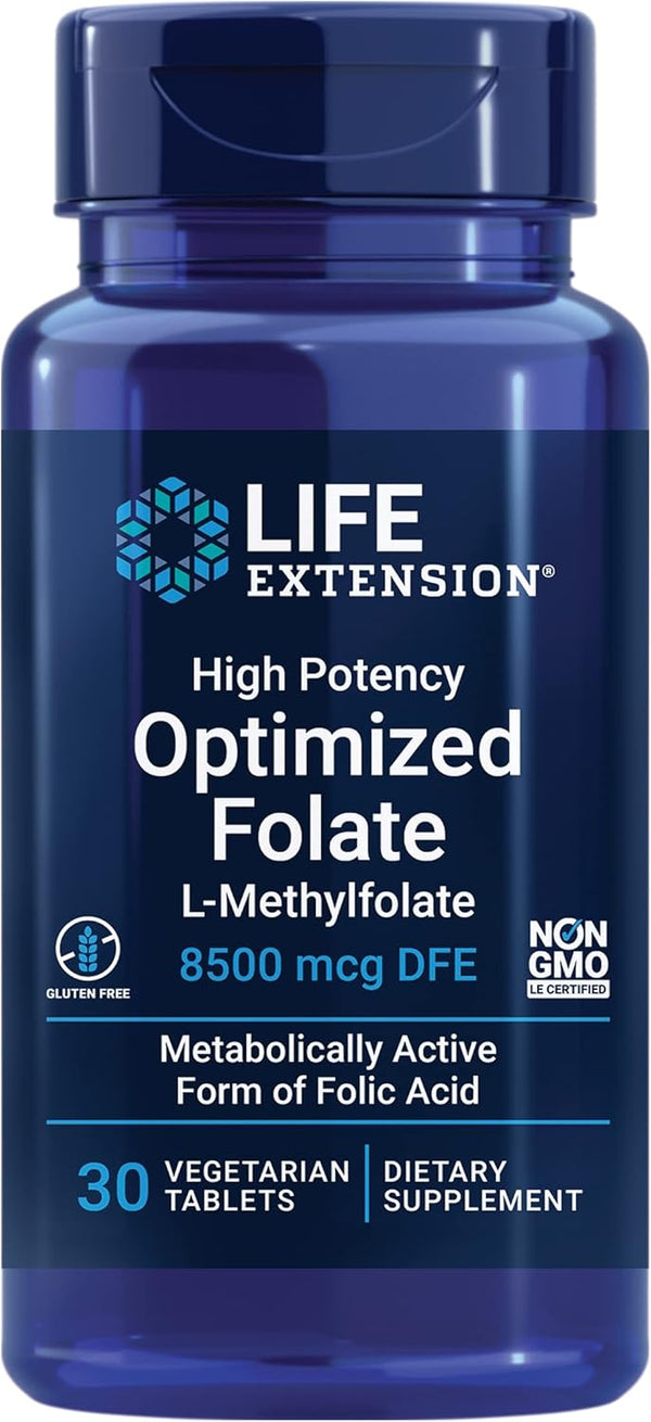 Life Extension High Potency Optimized Folate – L-methylfolate – Folic Acid, 8500 mcg DFE – 30 Tablets