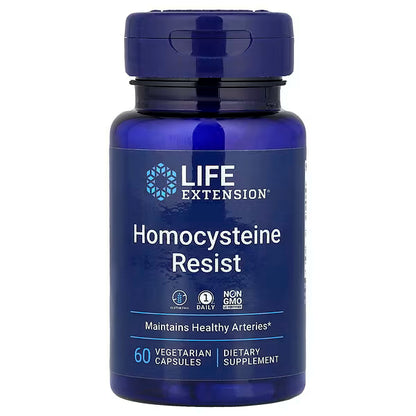 Blue supplement bottle labeled 'Homocysteine Resist' by Life Extension on a white background