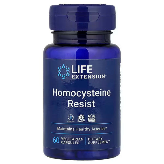 Blue supplement bottle labeled 'Homocysteine Resist' by Life Extension on a white background