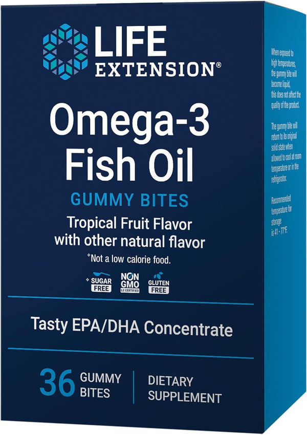 Life Extension Omega-3 Fish Oil Gummy Bites, EPA DHA Fatty acids, High-dose EPA DHA Support in a Delicious chewable Form, Non-GMO, Gluten Free, 36 Gummy Bites
