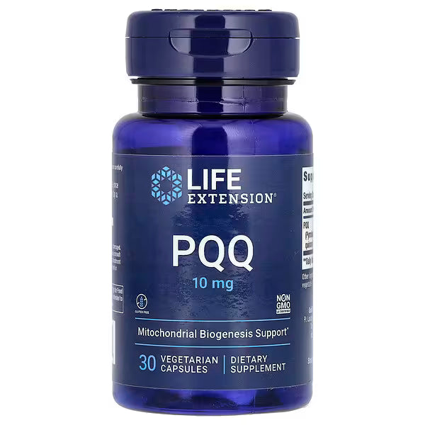 Blue supplement bottle labeled 'Life Extension PQQ 10 mg' on a white background