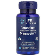Blue supplement bottle labeled 'Life Extension' with potassium and magnesium content on a white background