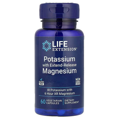 Blue supplement bottle labeled 'Life Extension' with potassium and magnesium content on a white background