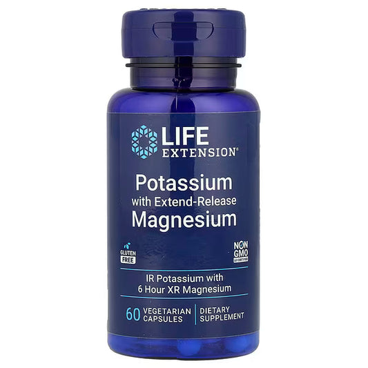 Blue supplement bottle labeled 'Life Extension' with potassium and magnesium content on a white background
