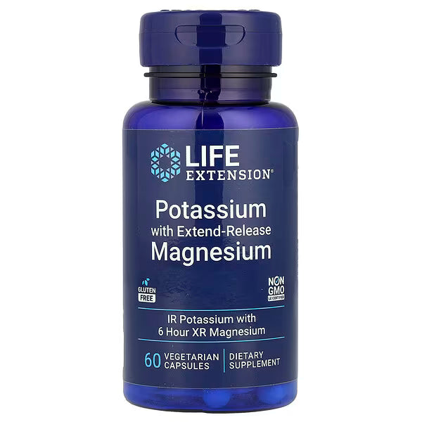 Blue supplement bottle labeled 'Life Extension' with potassium and magnesium content on a white background