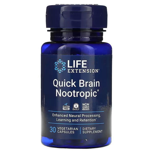 Blue supplement bottle labeled 'Quick Brain Nootropic' by Life Extension on a white background
