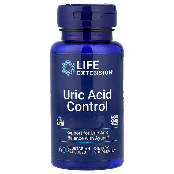 Blue supplement bottle labeled 'Uric Acid Control' by Life Extension on a white background