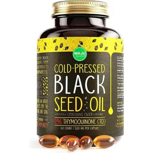 MAJU's Black Seed Oil Capsules - Cold Pressed, 2% Thymoquinone, 100% Turkish Black Cumin Nigella Sativa Seed Oil, 100% Liquid Pure Blackseed Oil 60 Count
