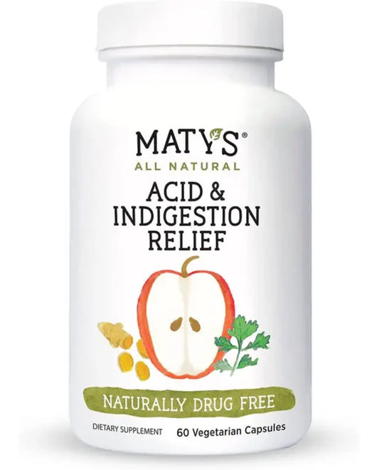 MATY'S Acid& Indigestion Relief Capsules Safe & Effective, All Natural Heartburn Antacid Alternative Made with Apple Cider Vinegar, Ginger & Turmeric 60 Count (30 Servings)
