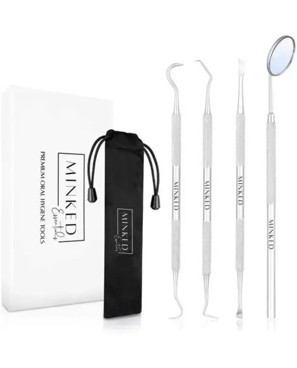 MINKED Dental toolkit, teeth cleaning picks, 4 pcs premium oral hygiene tools with Travel Case, Stainless Steel Plaque Remover, Tarter Scaler, Probe and Mirror, Storage box included.
