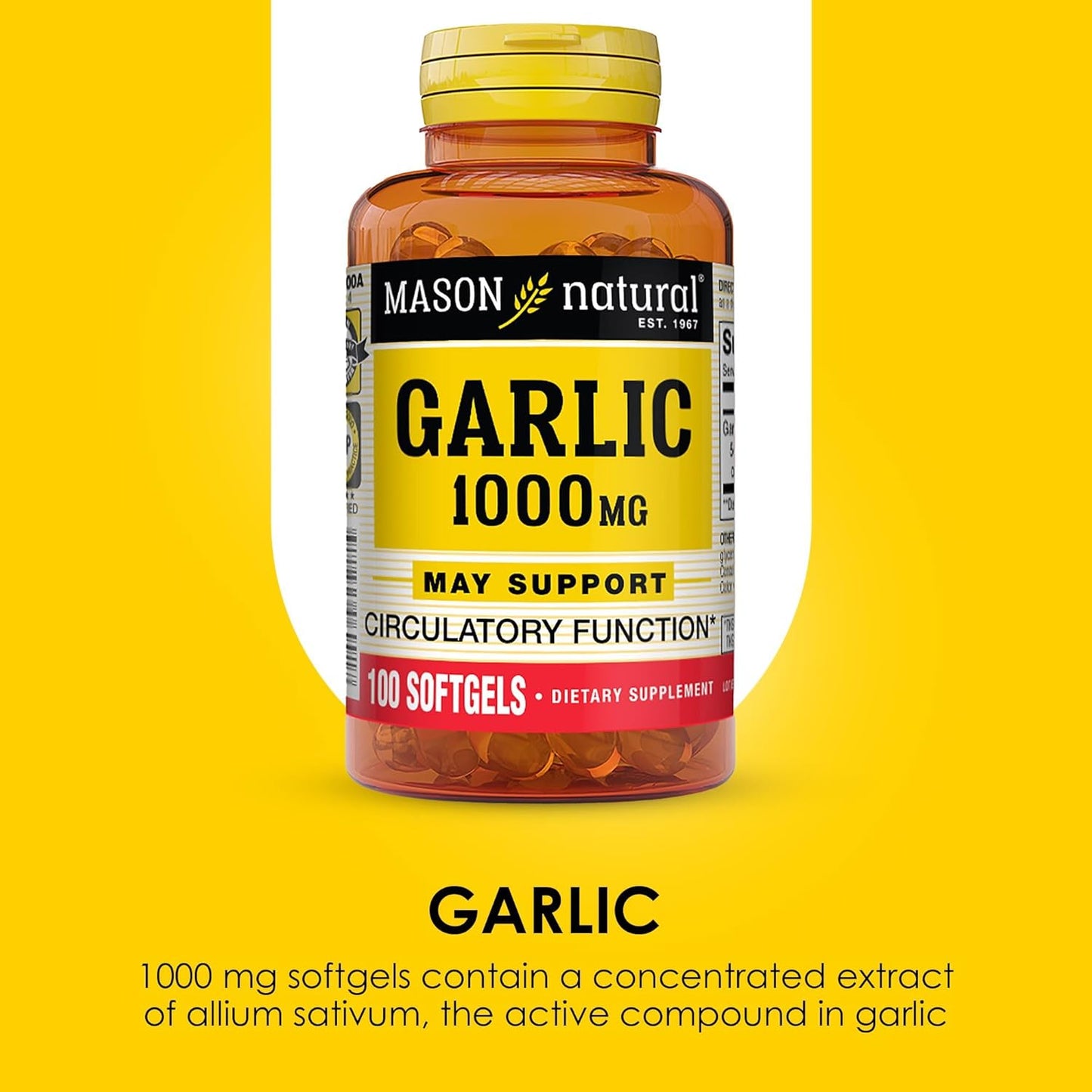 MASON NATURAL Garlic Oil 1000 mg, 100,Day Supply Softgels, Supports Normal Circulatory Function