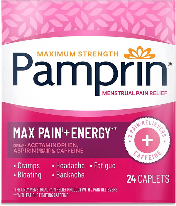 Maximum Strength Max Formula, with Acetaminophen, Menstrual Period Symptoms Relief for Cramps, Headache, Pain and Bloating, 24 Caplets
