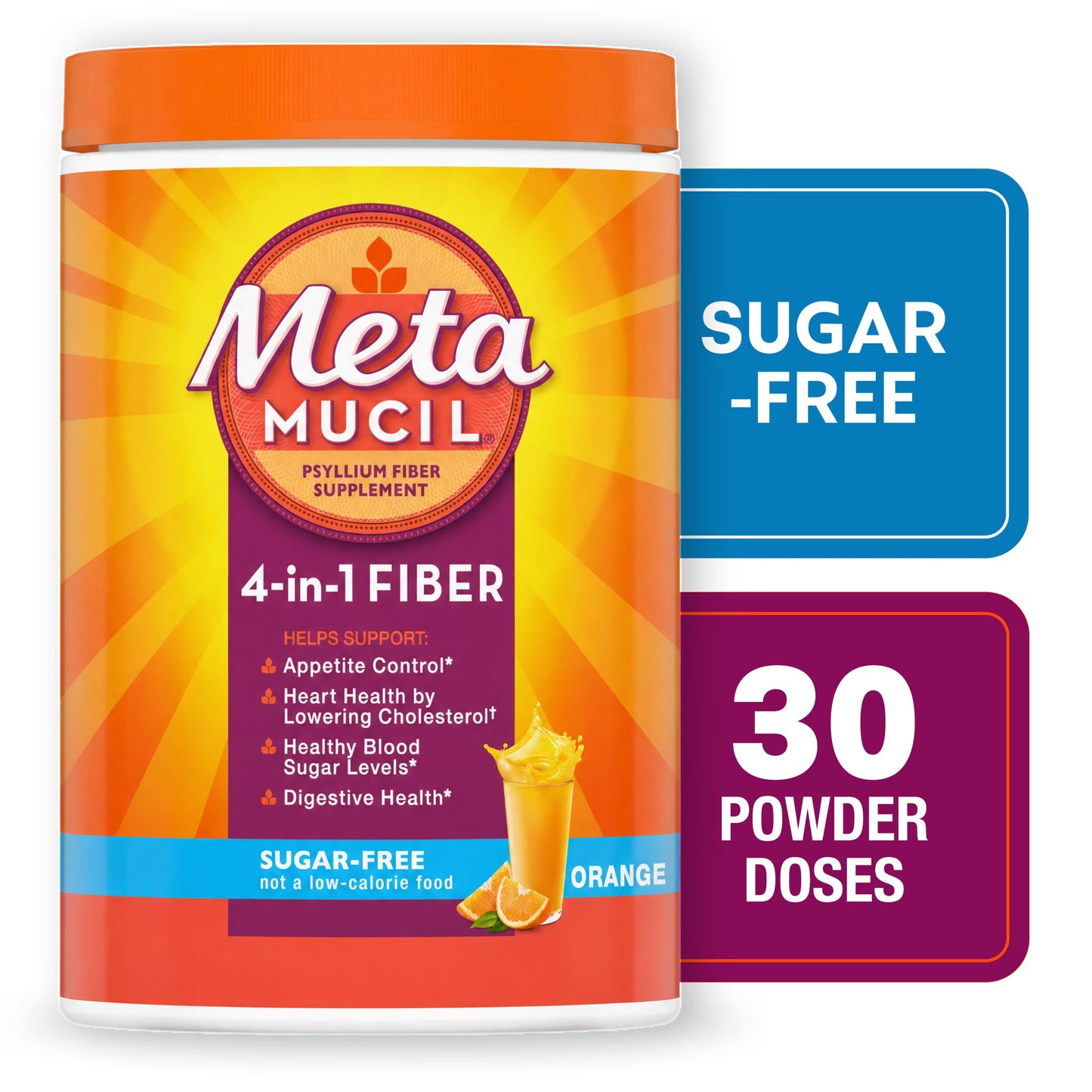 Metamucil Psyllium Fiber Powder, Sugar-Free, Orange, GLP-1 Friendly Fiber, 30 tsp