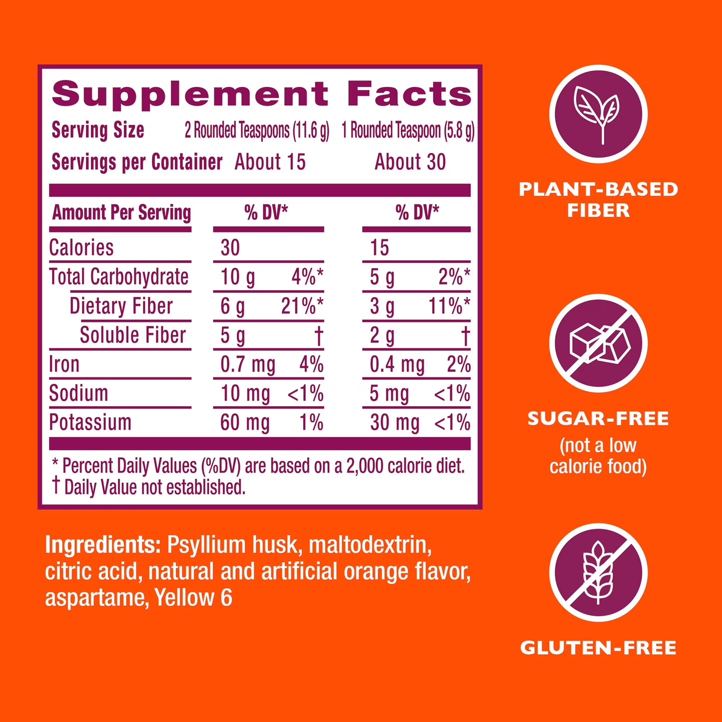 Metamucil Psyllium Fiber Powder, Sugar-Free, Orange, GLP-1 Friendly Fiber, 30 tsp