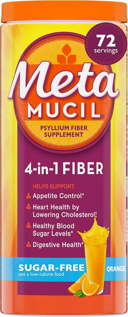 Metamucil 4-in-1 Psyllium Husk GLP-1 Friendly Fiber Supplement, Sugar-Free, 72 teaspoons, Orange Flavored, Daily Fiber Powder for Digestive Health, made with Plant-Based Psyllium Husk Fiber
