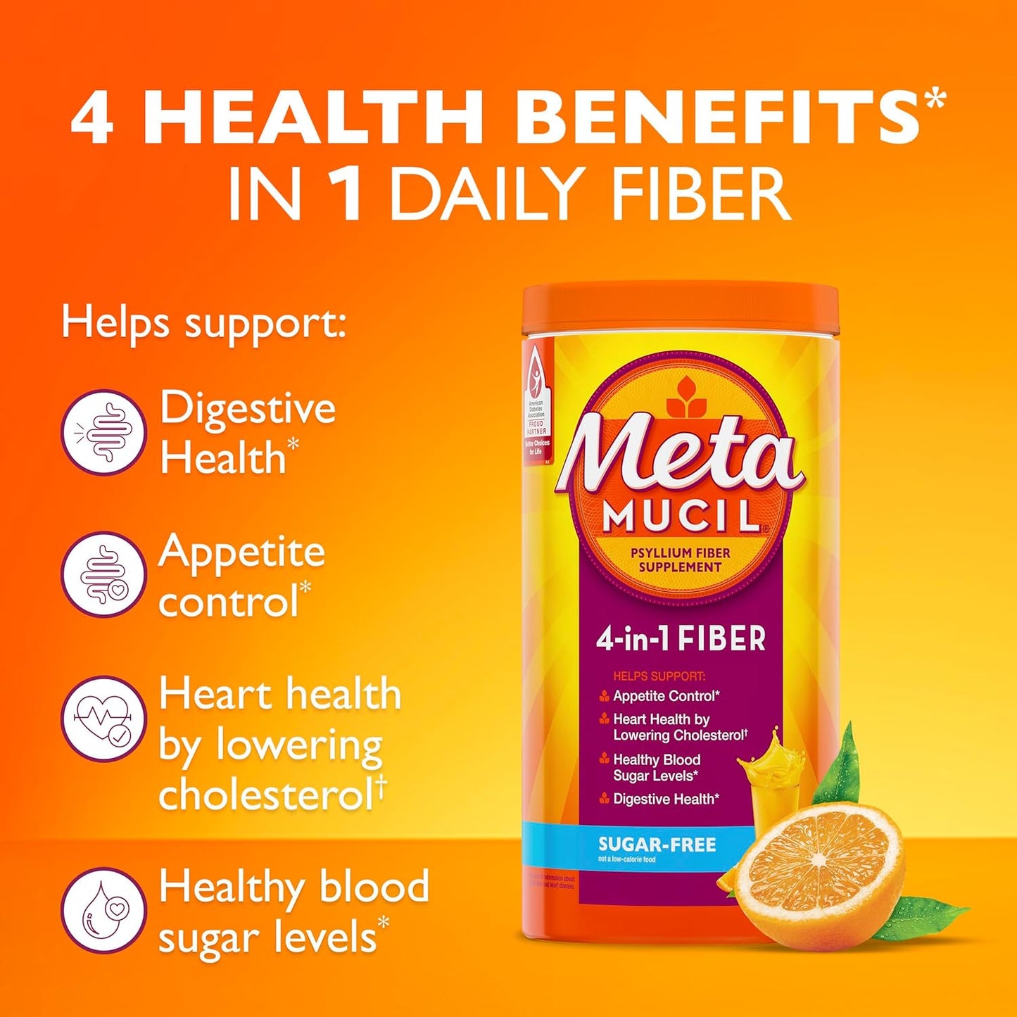 Metamucil 4-in-1 Psyllium Husk GLP-1 Friendly Fiber Supplement, Sugar-Free, 72 teaspoons, Orange Flavored, Daily Fiber Powder for Digestive Health, made with Plant-Based Psyllium Husk Fiber