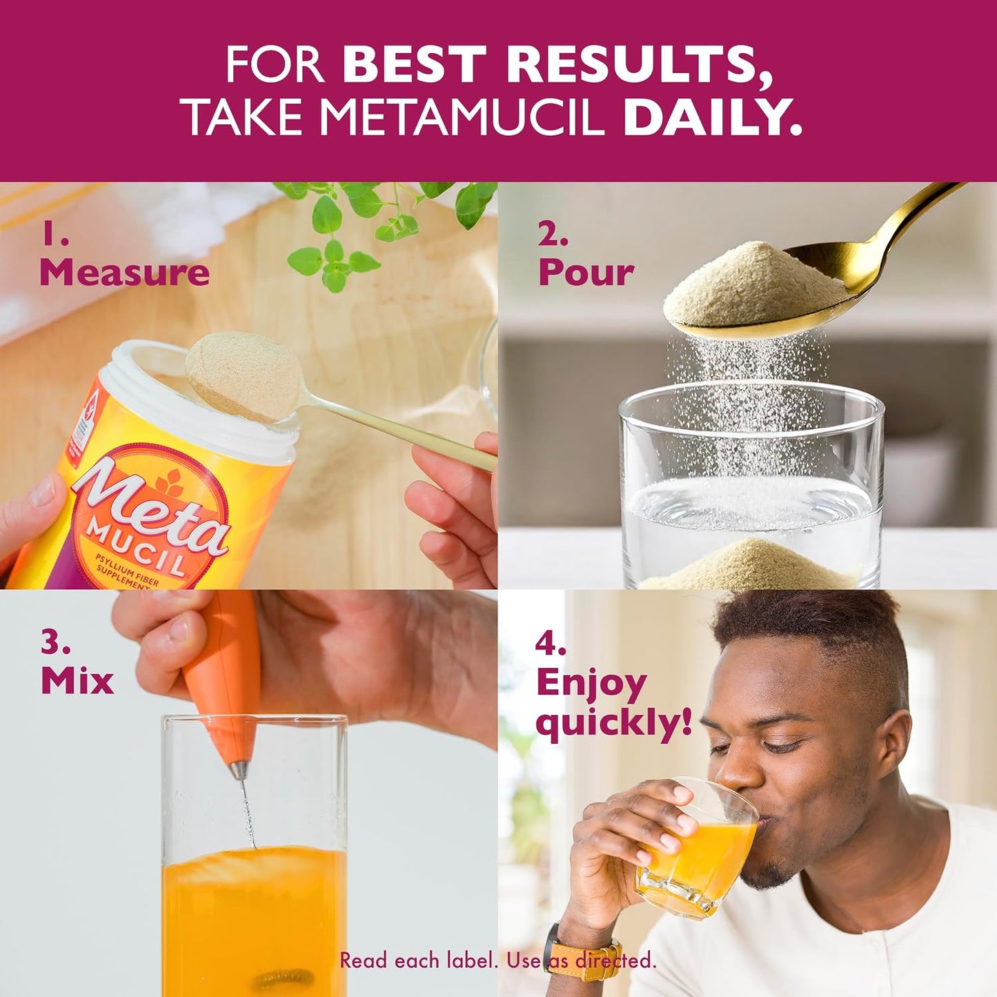 Metamucil 4-in-1 Psyllium Husk GLP-1 Friendly Fiber Supplement, Sugar-Free, 72 teaspoons, Orange Flavored, Daily Fiber Powder for Digestive Health, made with Plant-Based Psyllium Husk Fiber
