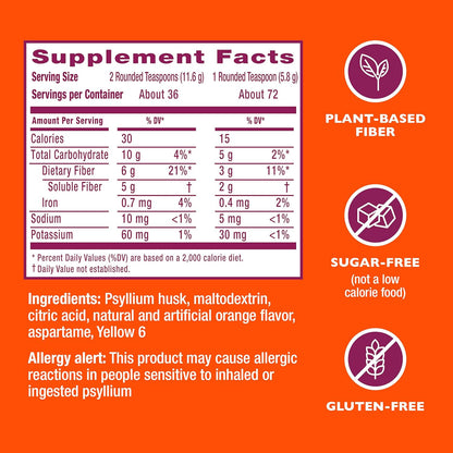 Metamucil 4-in-1 Psyllium Husk GLP-1 Friendly Fiber Supplement, Sugar-Free, 72 teaspoons, Orange Flavored, Daily Fiber Powder for Digestive Health, made with Plant-Based Psyllium Husk Fiber