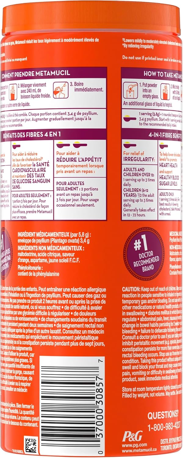 Metamucil 4-in-1 Psyllium Husk GLP-1 Friendly Fiber Supplement, Sugar-Free, 72 teaspoons, Orange Flavored, Daily Fiber Powder for Digestive Health, made with Plant-Based Psyllium Husk Fiber