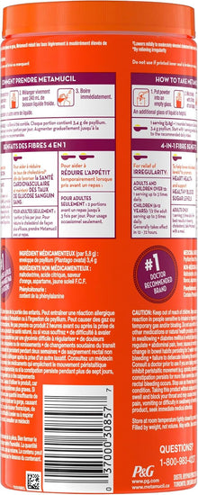Metamucil 4-in-1 Psyllium Husk GLP-1 Friendly Fiber Supplement, Sugar-Free, 72 teaspoons, Orange Flavored, Daily Fiber Powder for Digestive Health, made with Plant-Based Psyllium Husk Fiber