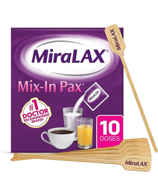 MiraLax Laxative Powder for Gentle Constipation Relief, 10 Count Mix-In Packs + Mixing Stirrers
