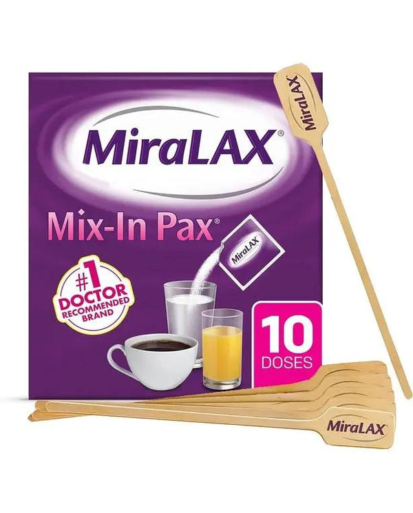 MiraLax Laxative Powder for Gentle Constipation Relief, 10 Count Mix-In Packs + Mixing Stirrers
