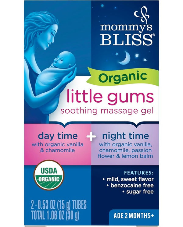 Mommy's Bliss Organic Little Gums Soothing Massage Gel Day and Night Combo, Helps with Tender Gums, Age 2 Months+, Sugar Free, Mild & Sweet Flavor, 2 - 0.53 Oz Tubes (Pack of 1)
