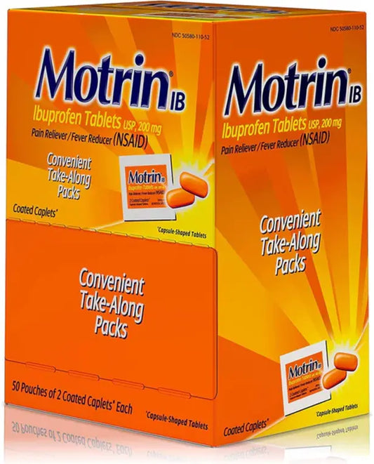 Motrin IB, Ibuprofen 200mg Tablets, Pain Reliever/Fever Reducer for Muscular Aches, Headache, Backache and Minor Arthritis Pain, Convenient for Travel & On-The-Go, 50 Packets of 2, 100 ct
