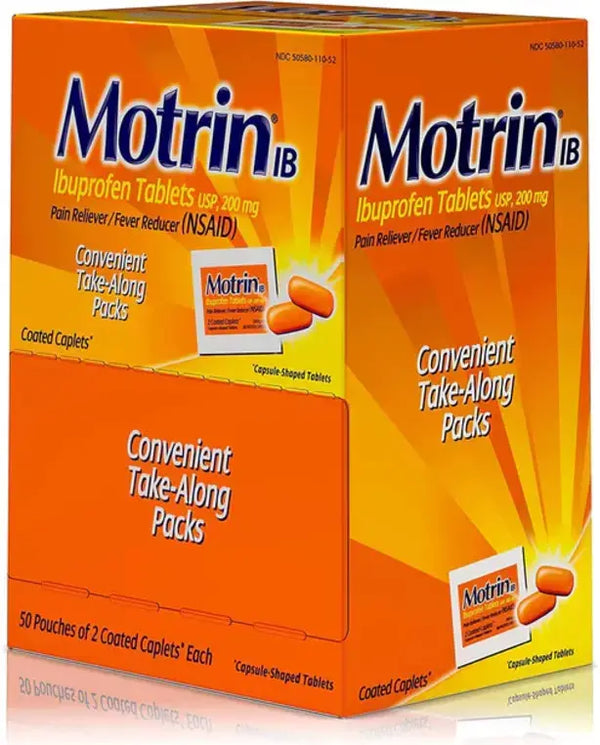 Motrin IB, Ibuprofen 200mg Tablets, Pain Reliever/Fever Reducer for Muscular Aches, Headache, Backache and Minor Arthritis Pain, Convenient for Travel & On-The-Go, 50 Packets of 2, 100 ct
