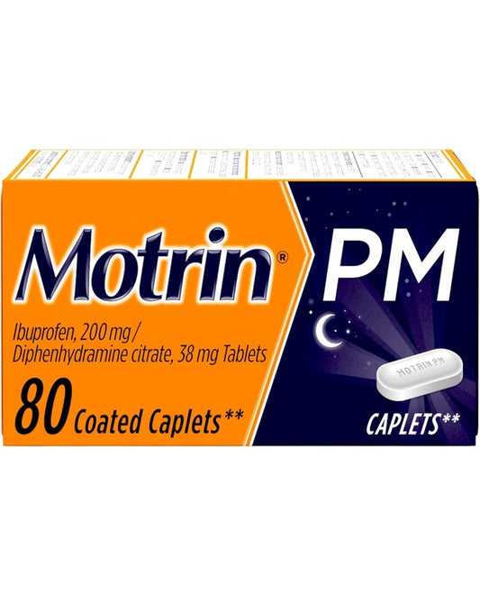 Motrin PM Caplets, 200 mg Ibuprofen & 38 mg Sleep Aid, Nighttime Relief for Minor Pains, 80 ct
