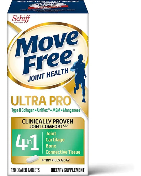 Move Free Ultra Pro with Quadruple Action Joint Support - Type 2 Collagen MSM Calcium Fructoborate & Manganese - Supports Joint Cartiliage Bone Connective Tissue, 120 Tablets (30 servings)
