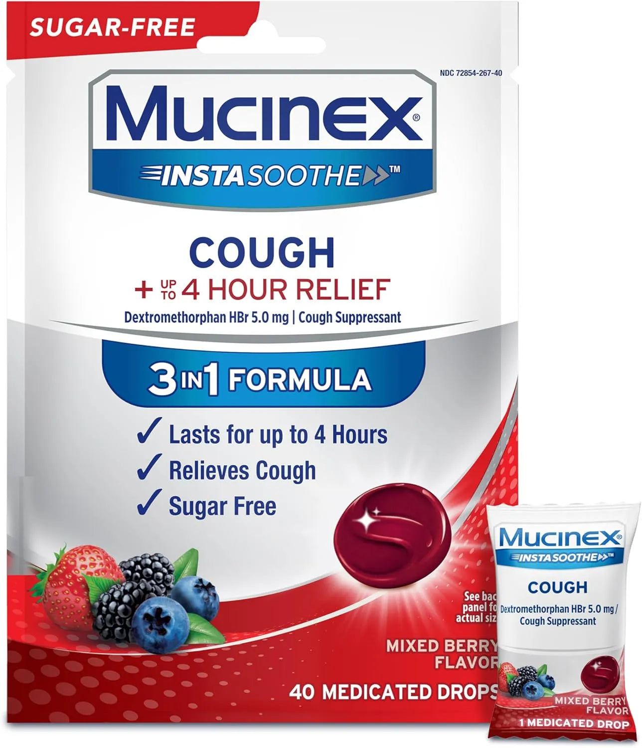 Mucinex Instasoothe Sugar Free Cough Drops, Mixed Berry Medicated Cough Drops, 40ct