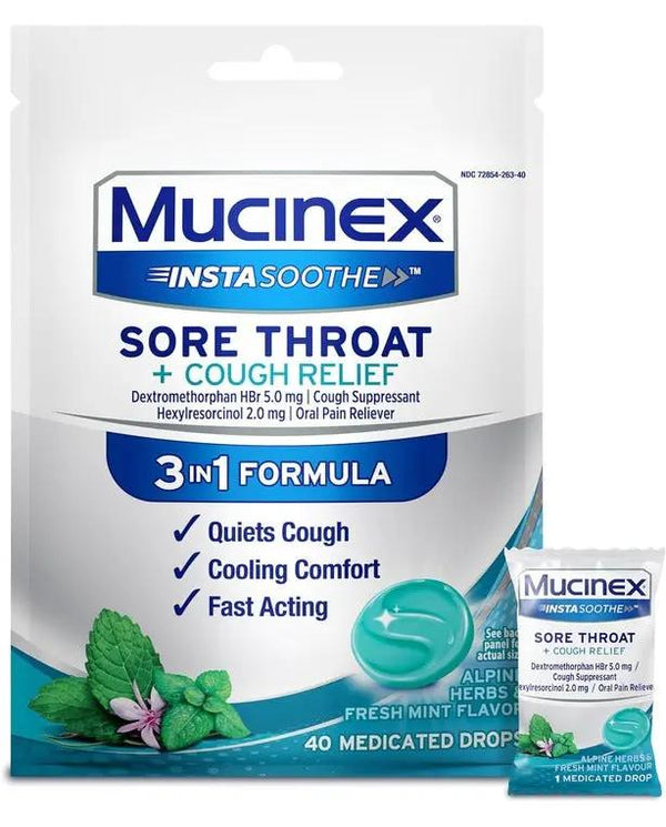 Mucinex InstaSoothe Sore Throat + Cough Relief Alpine Herbs & Mint Flavor, Fast Acting, Cooling Comfort, Powerful Sore Throat Oral Pain Reliever, 40 Medicated Drops
