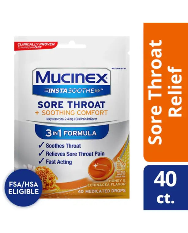 Mucinex InstaSoothe Sore Throat + Soothing Comfort Honey & Echinacea Flavor, Fast Acting, Powerful Sore Throat Oral Pain Reliever, 40 Medicated Drops

