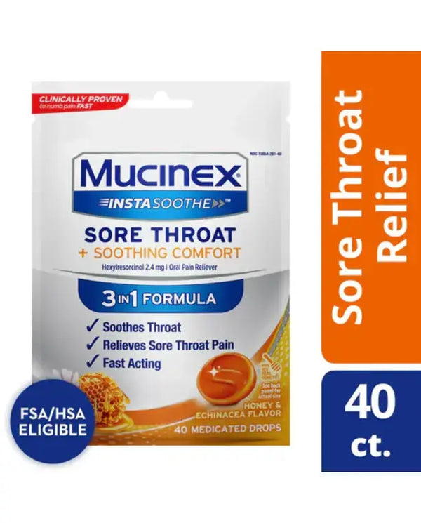 Mucinex InstaSoothe Sore Throat + Soothing Comfort Honey & Echinacea Flavor, Fast Acting, Powerful Sore Throat Oral Pain Reliever, 40 Medicated Drops
