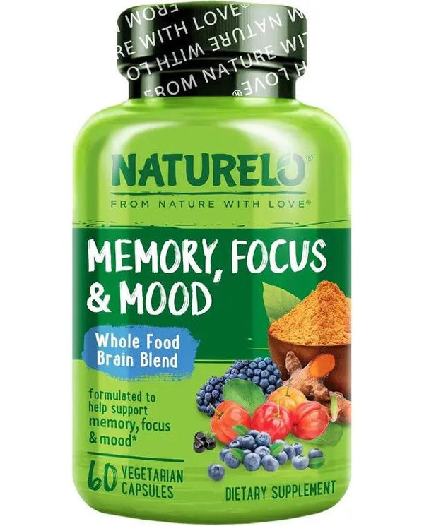 NATURELO Whole Food Brain Blend Supplement, Helps Support Memory, Focus and Mood - 60 Vegetarian Capsules
