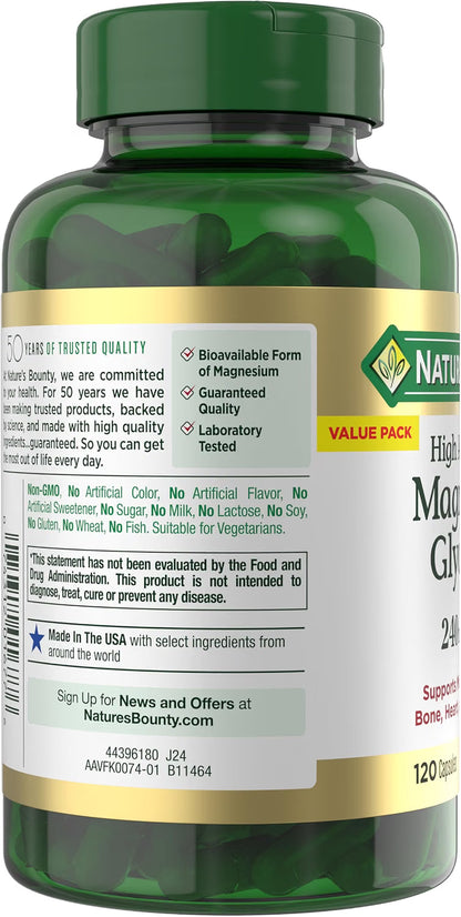 Nature’s Bounty High Absorption Magnesium Glycinate 240 mg Capsules, 120 ct